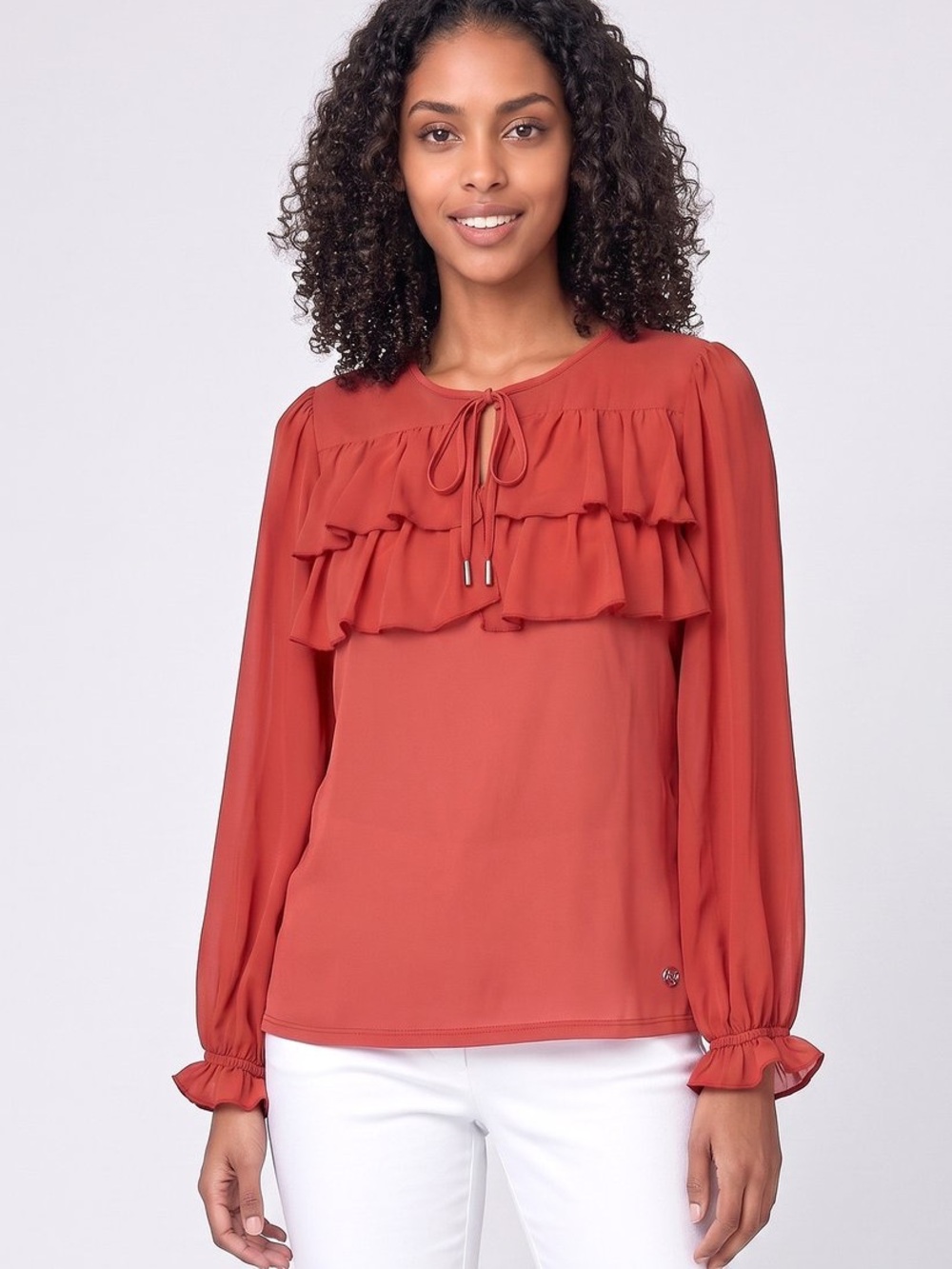 New Adrienne Vittadini Tie Neck Rust Ruffle-Front Long Sleeve Blouse Sz XL
